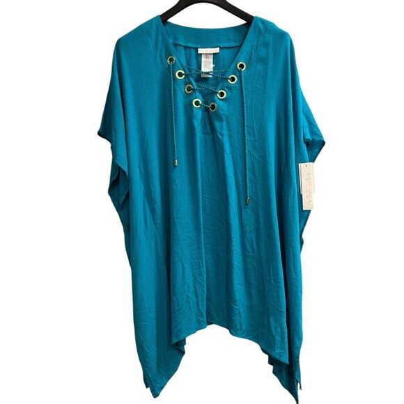 La Blanca Swimsuit‎ Coverup Womens M Turquoise Gauzy Asymmetrical Resort Ware - Picture 1 of 10